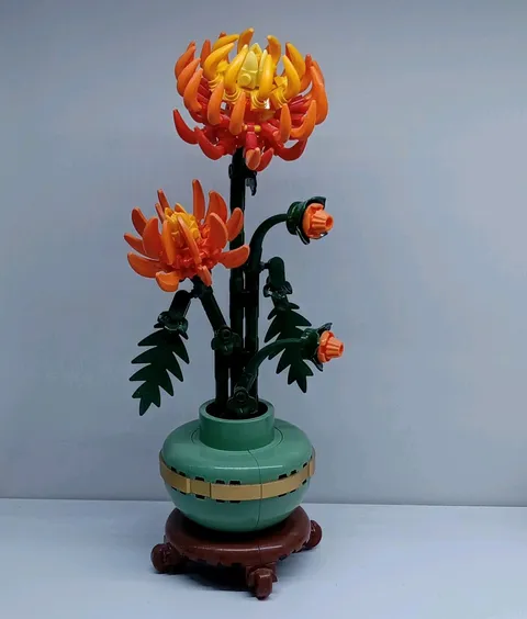 LEGO Chrysanthemum Potted Flower Build Display, Orange/Yellow Flowers Green Pot