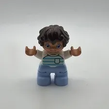 LEGO Duplo Little Boy Figure Blue Stripe Shirt Black Hair African American Child