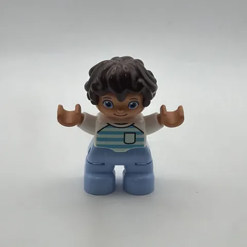 LEGO Duplo Little Boy Figure Blue Stripe Shirt Black Hair African American Child