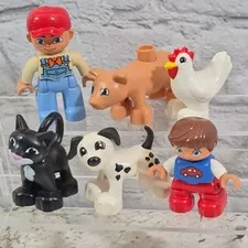 Lego Duplo Figures Lot Of 6 Farm Animals Chicken Pig Pets Cat Dog Boy Farmer 