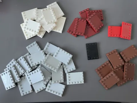LEGO BULK LOT OF 45 LIGHT GREY WHITE BROWN RED TILES STUDS ON EDGES 4X6 NO. 6180