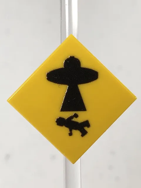 Custom Printed Caution UFO Beaming Fig Sign UV Printed On LEGO 2x2 Yellow Tile
