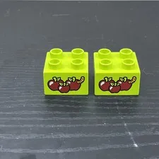 LEGO DUPLO Lime Green Apple Bricks w/ Worm Print 2x2 Lot of 2 Genuine Rare