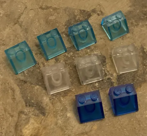 LEGO Parts: 2x2, 45° Sloped Brick, Part # 3039, Translucent Blue - Lot of 9