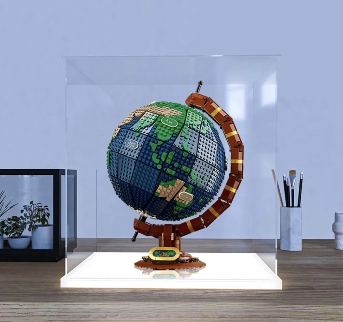 Large Acrylic Display Case for LEGO Modulars/Globe 18.5x18.5x17.9 w/ LED Light