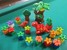 Lego Duplo Red w/ Yellow Spots Dinosaur Adult & Baby T-Rex W/ Tree & Flowers