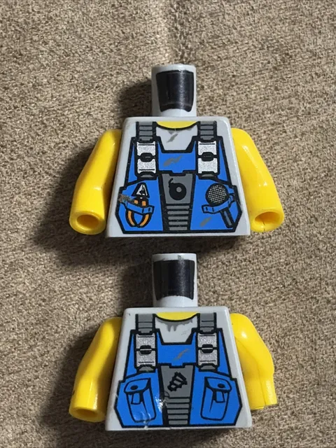 x2 Lego POWER MINER MINIFIG TORSO Blue Worker Overall Tool Vest Damage