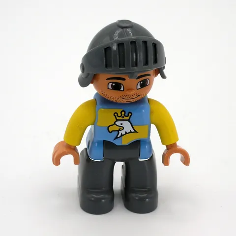 Lego Duplo Knight Figure Yellow Blue Shirt with Eagle Gray Helmet & Pants