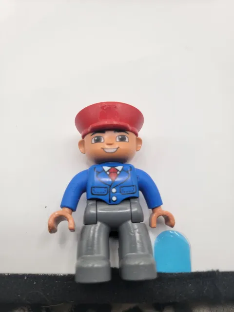 Lego Duplo Male Figure w/ Red Hat Blue Jacket Gray Pants - Pilot Train Conductor