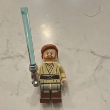 LEGO Jedi Minifigure w/ Blue Lightsaber, Tan Robe Outfit, Brown Hair
