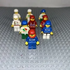 Lot of 9 LEGO Town Minifigs Octan Race Team Racing Driver Pit Crew Hats Helmets