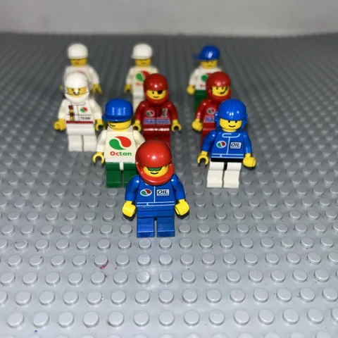 Lot of 9 LEGO Town Minifigs Octan Race Team Racing Driver Pit Crew Hats Helmets