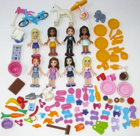Lego Friends 8 Minifigures Lot Animals Bicycle Accessories Pony foal Food Dishes