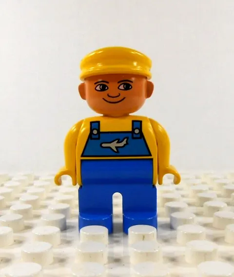 Lego Duplo Figure Airport/Airline Worker yellow cap yellow/blue overalls vintage