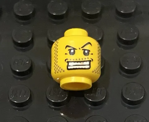 LEGO Yellow Minifig Head, Big Open Mouth Grin With Gold Tooth, Stubble Sideburns