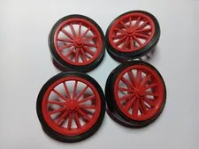LEGO BULK LOT 4 RED VINTAGE WHEELS SPOKED WAGON LARGE SMOOTH BLACK TIRE #35