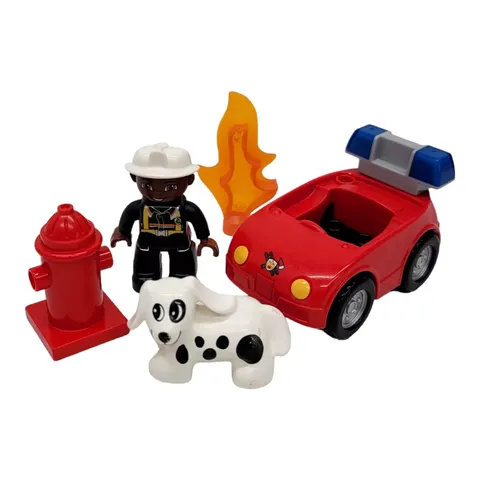 Lego Duplo Male Black Fire Fighter Figure Car Vehicle Hydrant Flame Spotted Dog