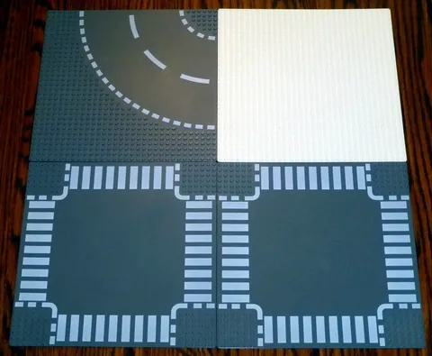 Set of 4 Classic Lego Base Plates:  1 -32 X 32 White + 3 -Gray Road/Intersection