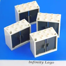 4 LEGO White Window 2 x 4 x 3 Square Holes with Dark Grey 2 Doors (60614 60598)