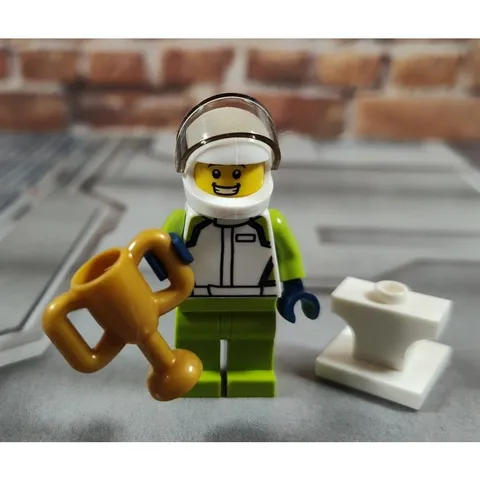 Lego Race Car Driver Minifigure & Trophy with Stand from City Set 60322