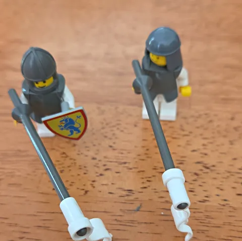 LEGO Castle Knights Minifigure Lot of 2 w/ Gray Helmets Lances Lion Shield