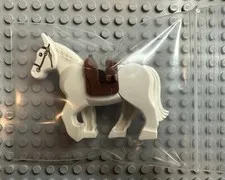 Lego White Horse with Black Bridle Silver Buckles and Dark Brown Saddle - EUC