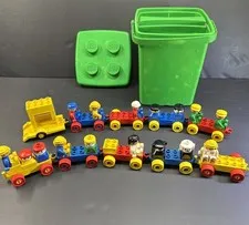 Huge Vintage LEGO Duplo Train Bundle - 16 Square Figures, Rolling Cars & Tub