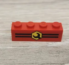 Lego 3010px6 Red Brick 1 x 4 with Wrench Head in Yellow Hexagon on Black Stripes