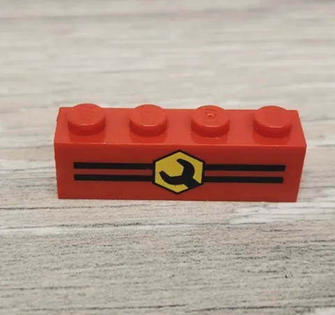 Lego 3010px6 Red Brick 1 x 4 with Wrench Head in Yellow Hexagon on Black Stripes