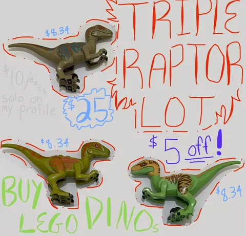 Triple LEGO Velociraptor Lot - 3 Multicolor Velociraptor Small Figures - $5 OFF!