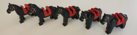 LEGO Vintage Castle Western Black Horse Lot of 5 - Brown Bridles - Red Saddles