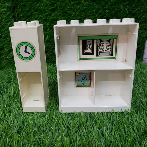 Lego Duplo WHITE CABINET BOOKSHELVES for ROOM - 2x6 4.75" & clock Tower