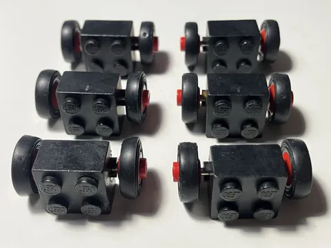 6 LEGO Black Axel Brick 2x2 Red Wheel Tire 14Dx4mm SMOOTH 555 #3137c01 3139