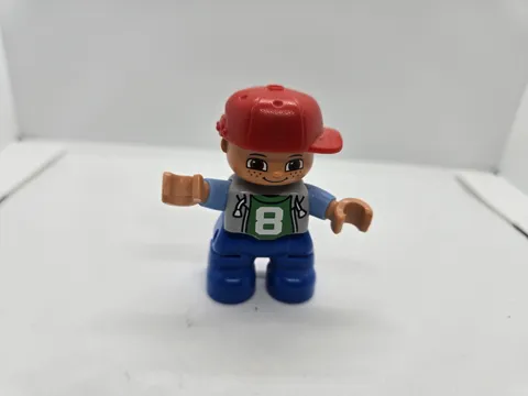 Lego Duplo Skater Boy #8 2 inch toy figure with red hat and grey hoodie 