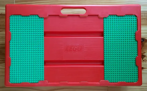 1998 Lego Lap Table w/ Storage Tray - Red with Sliding Green Bases 20" by 12"