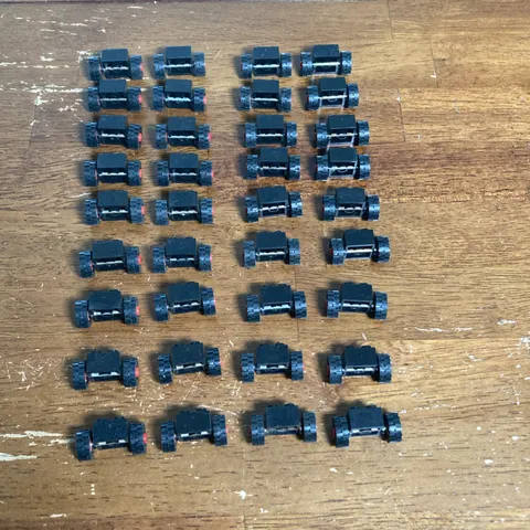 Vintage 1980s Lego 2x2 Black Tires Wheels Metal Axel Red Rim 36 Total