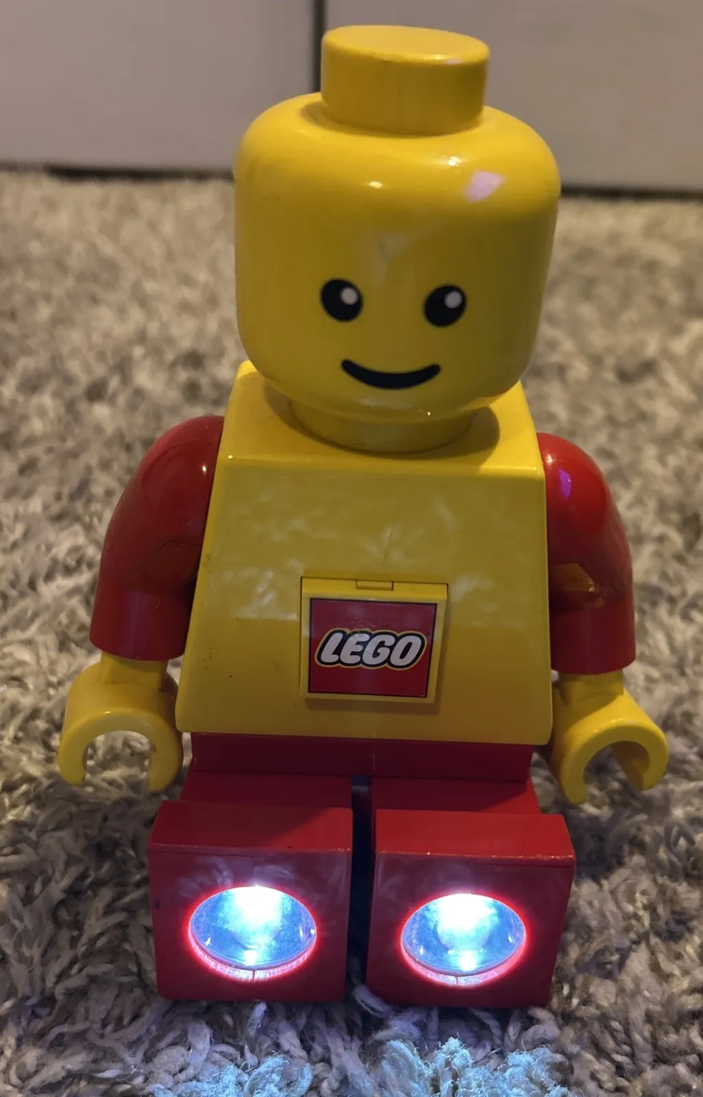 LEGO Red Yellow Man 7.5” Figure Minifig Flashlight LED Feet 2009 Works RARE