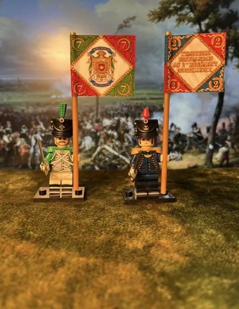 2x Minis Napoleonic French 2nd Artillery + Italian 7th +2 Flags LEGO Flagpoles