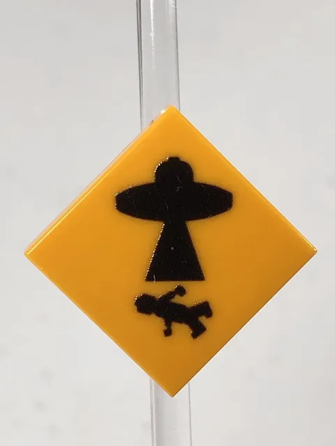 Custom Printed Caution UFO Beaming Fig Sign UV Printed On LEGO 2x2 LtOrange Tile