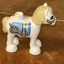 Lego Duplo White Horse Pony Animal For Farm Blue Saddle Pretty Horse For Stable