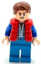 Lego New Marty McFly Red Puffer Vest over Sand Blue Jacket Blue Arms Minifigure