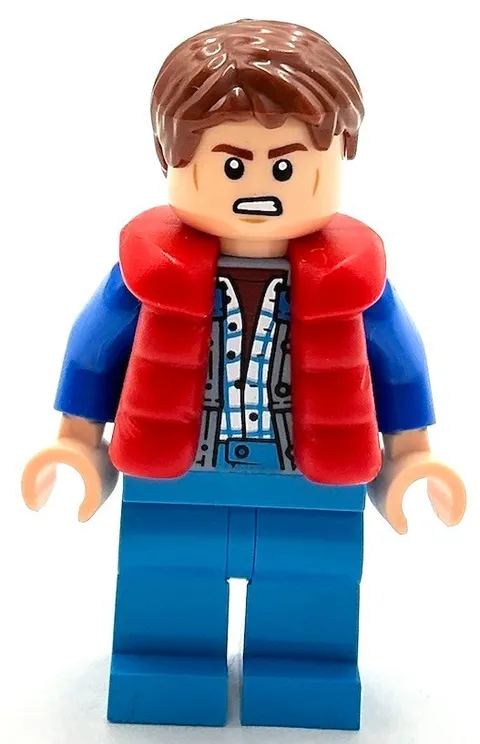 Lego New Marty McFly Red Puffer Vest over Sand Blue Jacket Blue Arms Minifigure