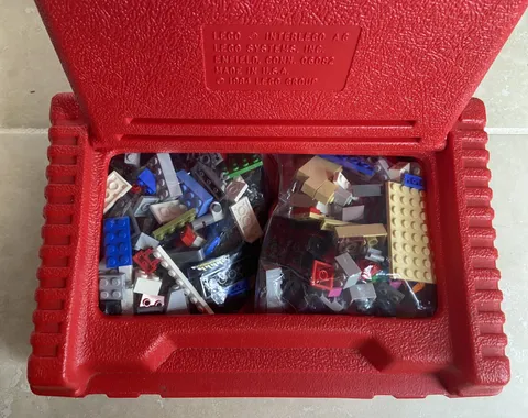 LEGO Vintage Red Storage Case Filled With 1.5 Pounds of bricks 1984 12x9x4”