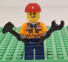 Lego Construction Worker Minifigure With Hoodie Pattern Hardhat Wrench & Hammer