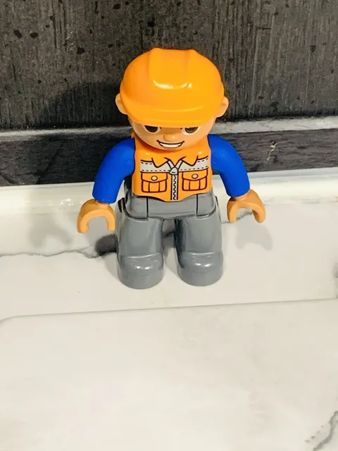 Lego Duplo Figure Man Construction Worker, Orange Vest, Hard Hat, Grey Pants