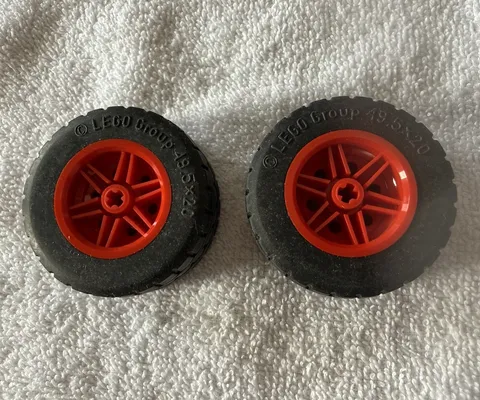 LEGO Wheel & Tire Lot - 2pc Black Tires w/ Red Rims Mounted Parts 56090