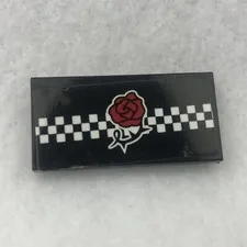 LEGO 87079pb1030 Black Tile 2 x 4 W/ Red Rose & White Checkered Stripe Pattern