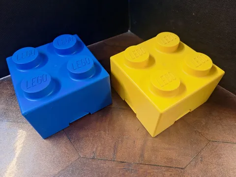 Vintage 1985 LEGO 4-Stud Storage Brick Boxes Blue Yellow Denmark Pair