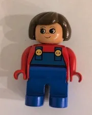 Lego Duplo Female Figure Brunette Blue Coveralls 2.5" Red Shirt