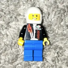 LEGO Minifigure White Helmet, Black Racing Torso, Blue Legs Plastic